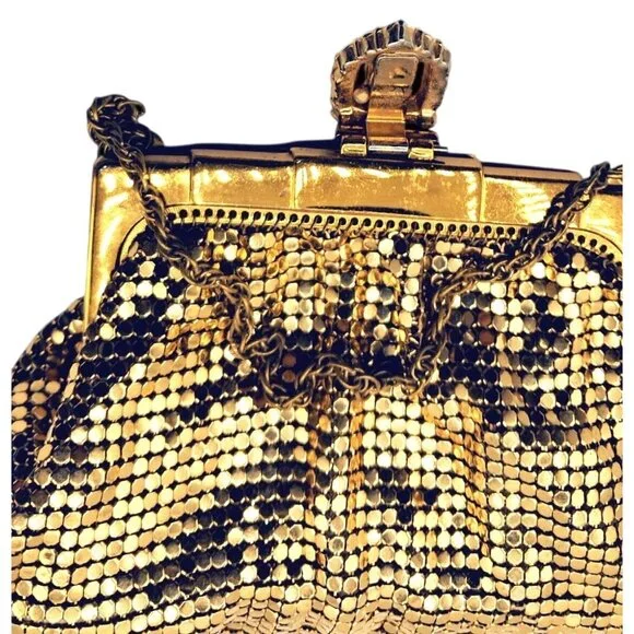 Whiting & Davis Vintage Bag Gold Mesh Evening Handbag With Rhinestone Clasp & Ch - Picture 5 of 10